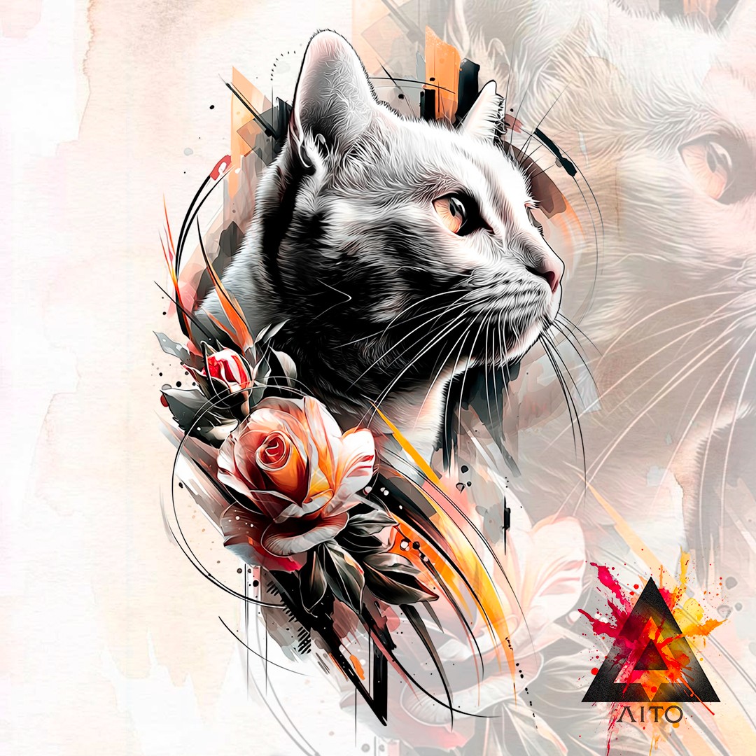 Chat Réaliste Abstrait & Floral